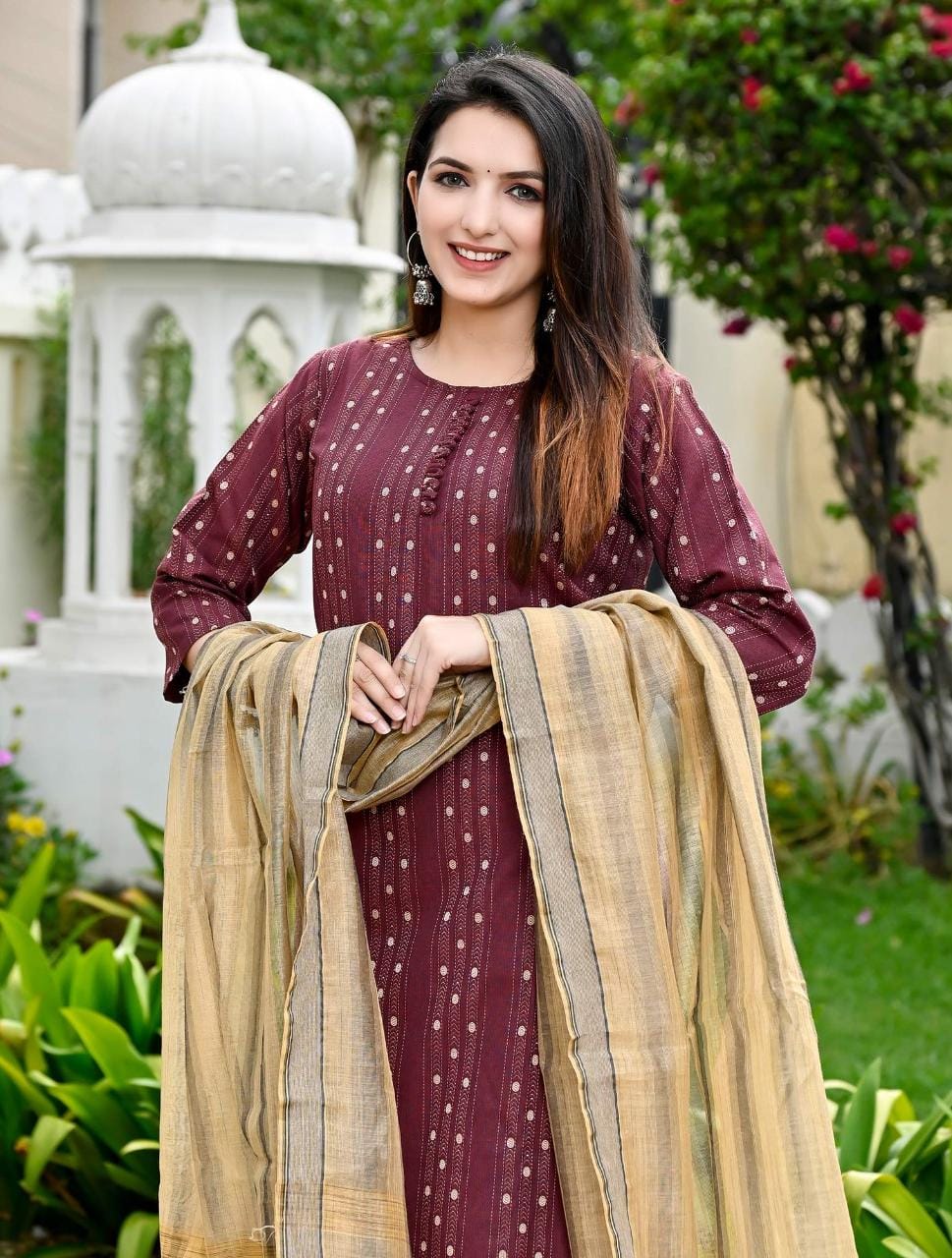Kalaai Cotton Chanderi Printed Kurti With Bottom Dupatta Catalog